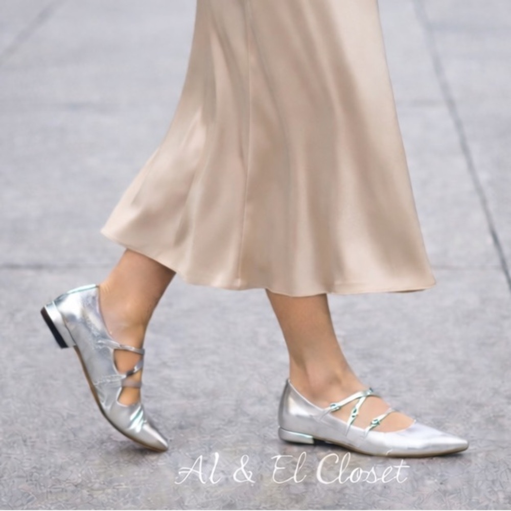 Sam Edelman Cass Silver Leather 3-Strap Pointed Toe Flats Size 6.5 M NWB